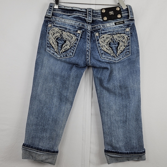 Miss Me angel wing rhinestone bling sewn folded capri jeans JE5436P3 size 26 - Picture 9 of 13